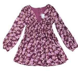 Free People Maroon Pink Floral Short Dress V Neck Dress NWT Small Long Sleeve